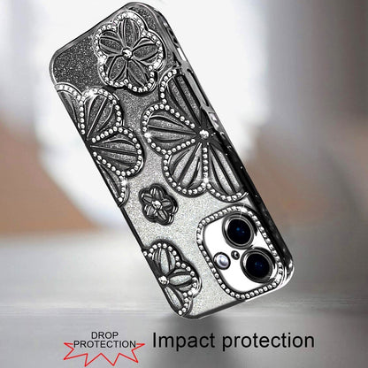 For iPhone 16 (6.1") Luxury Flower Design Sparkle Glitter Diamond Rhinestone Shimmer Bling Plating Thick TPU Hard PC Case Cover