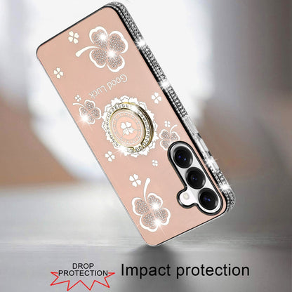 For Samsung Galaxy S25 FE, S25 Fan Edition Diamonds Bling All Around Edges Sparkly Glitter Hybrid with Ring Stand Holder Fashion Good Luck Case Cover