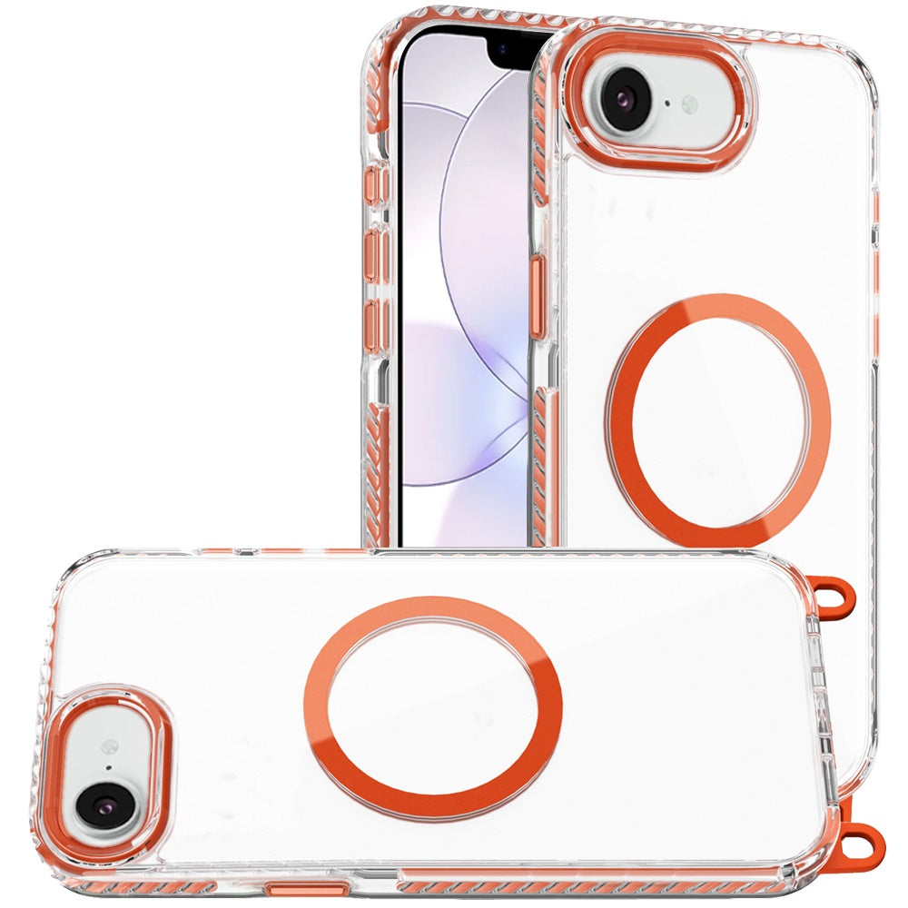 Phone Case for Apple iPhone 17E /16E Transparent Magnetic Lanyard Shockproof Hybrid Clear Grip Durable Camera Protection TPU Anti-Slip Design Cover Cosmic Orange