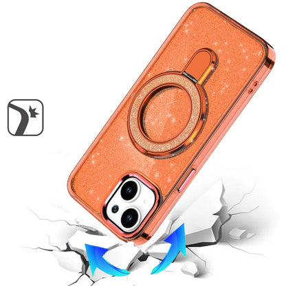 For iPhone 15 Plus (6.7") Transparent Glitter Bling Case with Rotating Magnetic Ring Stand, Shockproof Hybrid Case Cover Cosmic Orange