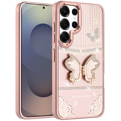 For Samsung Galaxy S25 Ultra Glitter 3D Butterfly Design Bling Metallic Edge Hybrid Stand Drop Protection TPU Shockproof Case Cover
