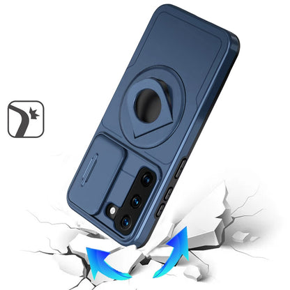 For Samsung Galaxy S21 FE /Fan Edition Full Coverage with Camera Window, Magnetic Circle, Rotatable Ring Stand, MagSafe Compatible, Shockproof Hybrid Protectiv Case Cover Blue