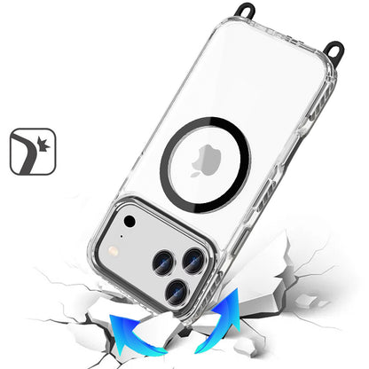 For Apple iPhone 17 Pro (6.3") Clear Magnetic Frame PC Back Shockproof Protective Case with Detachable Lanyard Strap, Compatible with MagSafe Case Cover Black