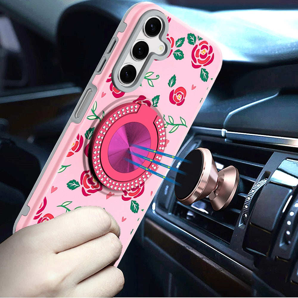 Phone Case for Samsung Galaxy A16 5G Magnetic Ring Stand Matte Metal Hybrid Car Mount Friendly Shockproof Rotational Grip Diamond Design Pattern Cover
