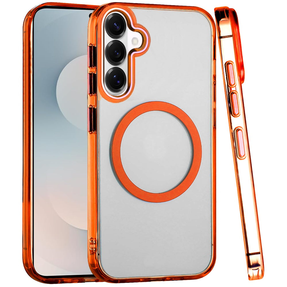 For Samsung Galaxy S26 Transparent Back Hybrid Case - Magnetic Circle, Color Frame, Metal Buttons, MagSafe Compatible Case Cover