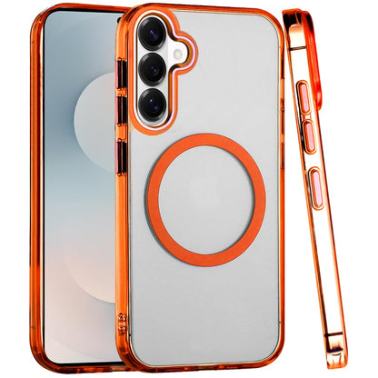 For Samsung Galaxy S26 Transparent Back Hybrid Case - Magnetic Circle, Color Frame, Metal Buttons, MagSafe Compatible Case Cover