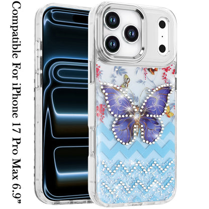 Phone Case for Apple iPhone 17 Pro Max (6.9") Butterfly Resin Epoxy Diamond Bling Metal Edge Shockproof Hybrid Luxury Protective Durable Stylish Fashion Grip Cover Light Blue