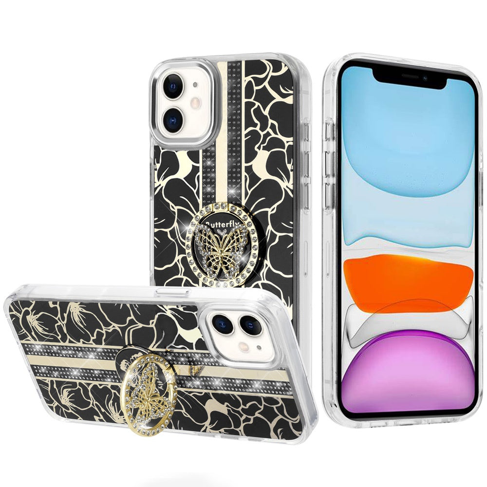 For Apple iPhone 11 Diamonds 3D Butterfly Floral Design Bling Sparkly Glitter Hybrid Metal Fashion with Ring Stand Case Cover