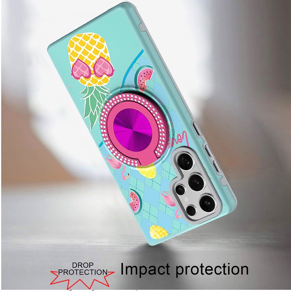 For Samsung Galaxy S24 Ultra Pattern Design Hybrid with Invisible Ring Stand & Magnetic Back, Shockproof Protective Grip Case Cover