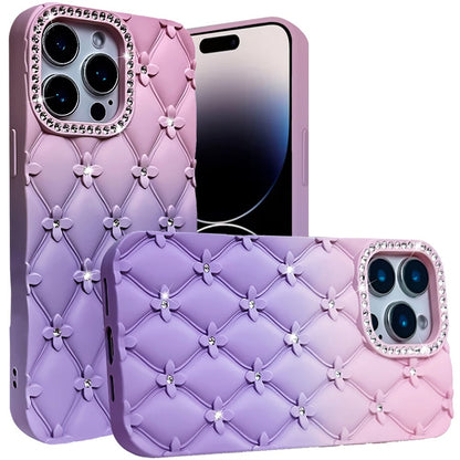 For iPhone 14 Pro Max (6.7") Fashion Flower Design Sparkle Glitter Shimmer Rhinestone Bling Floral Accents, Leather Texture TPU Case Cover