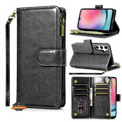 For Samsung Galaxy A17 5G Leather Wallet Case with Zipper, 9 Card Slots, Cash Pocket, Stand & Strap, Clutch Pouch Design Case Cover