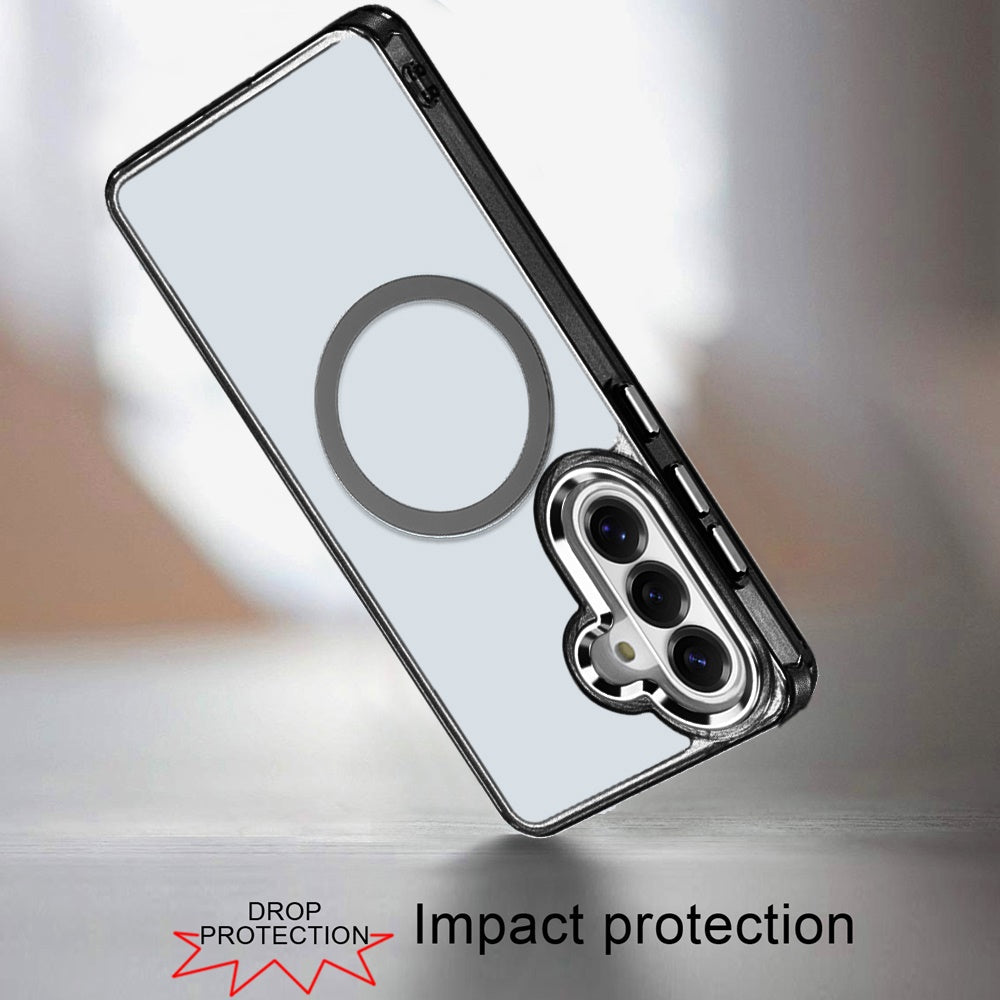 For Samsung Galaxy S25 FE /S25 Fan Edition Transparent Back Hybrid Case - Magnetic Circle, Color Frame, Metal Buttons, MagSafe Compatible Case Cover