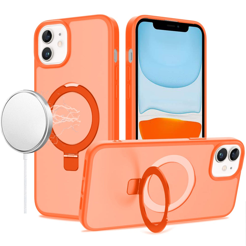 For Apple iPhone 11 Magnetic Circle Back with Ring Stand Full Rotation Matte Hybrid Shockproof Case Cover Cosmic Orange