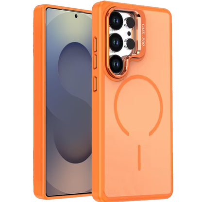 For Samsung Galaxy S25 Ultra Magnetic Matte Metal Camera Stand Hybrid Drop Protection Durable Shockproof Slim Fit Design Case Cover Cosmic Orange