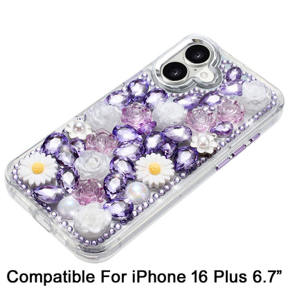 For Apple iPhone 16 Plus (6.7") Fashion Daisy Floral Series, Full 3D Bling Crystal Diamonds Sparkling Rhinestone Glitter Hybrid Design Case Cover