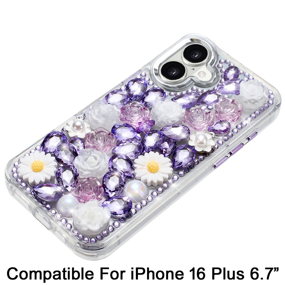 For Apple iPhone 16 Plus (6.7") Fashion Daisy Floral Series, Full 3D Bling Crystal Diamonds Sparkling Rhinestone Glitter Hybrid Design Case Cover