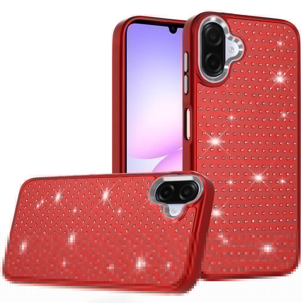 For Samsung Galaxy A07 Bling Diamond Metallic, Full Sparkle Chrome Edged Hybrid Protective Shockproof Case Cover Red