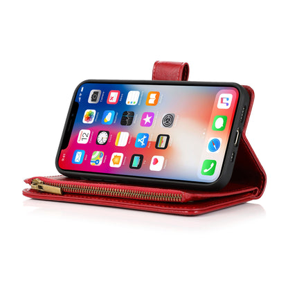 For Apple iPhone 16 (6.1") Premium Leather Zipper Wallet with Credit Card Slots Money Pocket Luxury Clutch Pouch Stand & Strap Case Cover Red