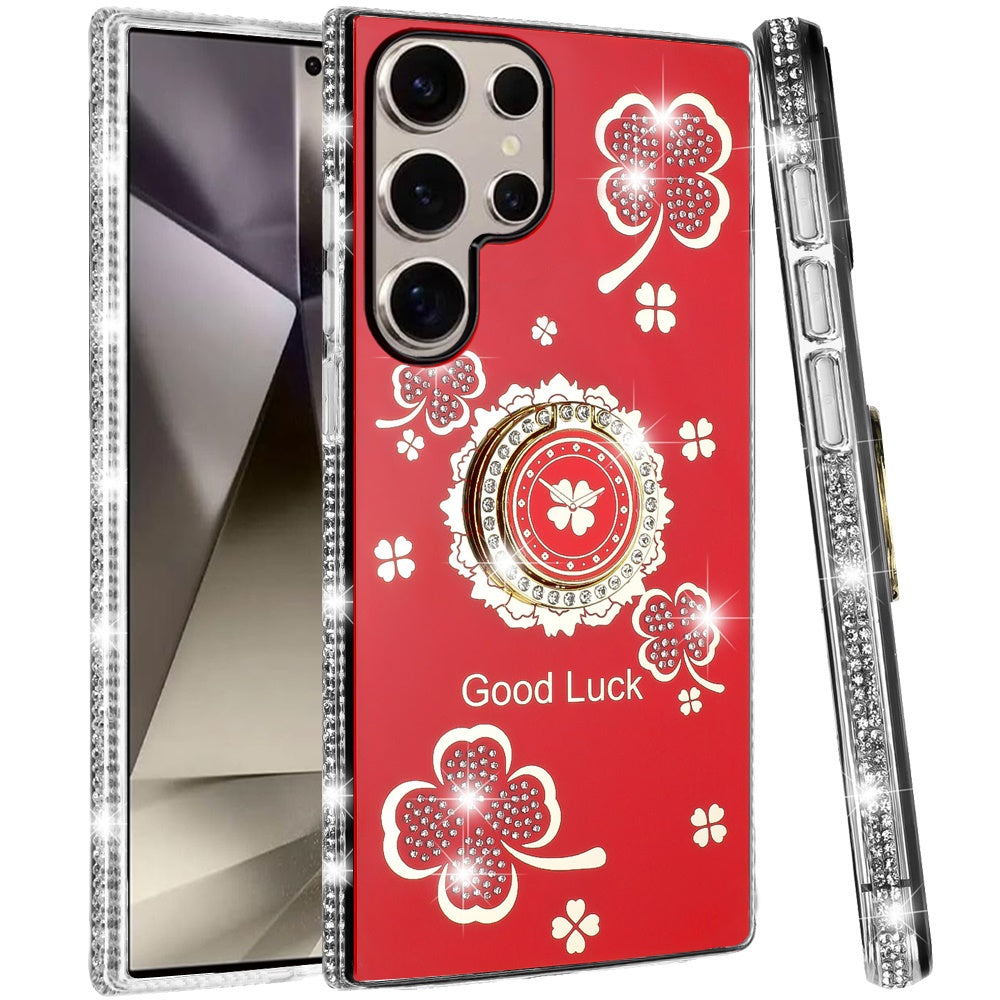 For Samsung Galaxy S25 Ultra Diamonds Bling All Around Edges Sparkly Glitter Hybrid with Ring Stand Holder Fashion Good Luck Case Cover