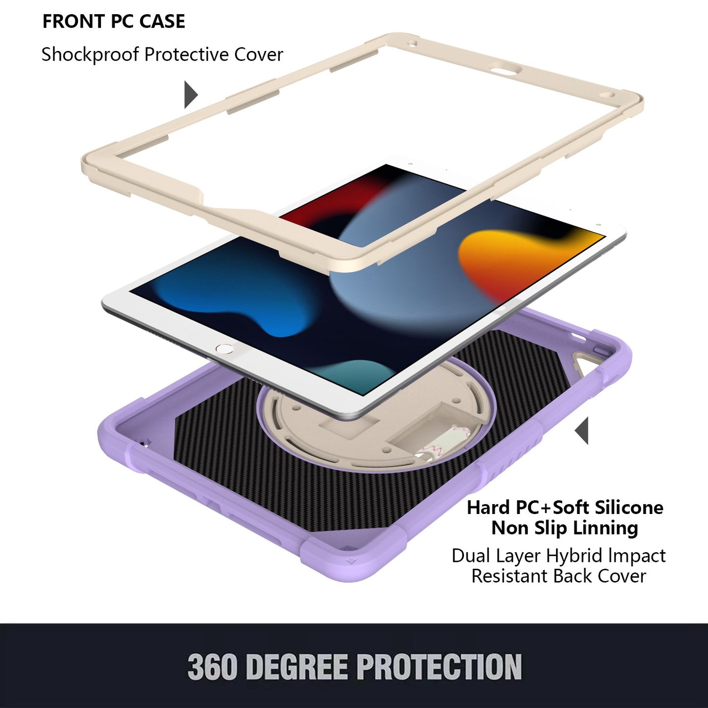 For 3-in-1 Tough Hybrid Shockproof Protector Silicone TPU with Pencil Holder, Kickstand, Hand & Shoulder Strap Purple Tablet Case Cover