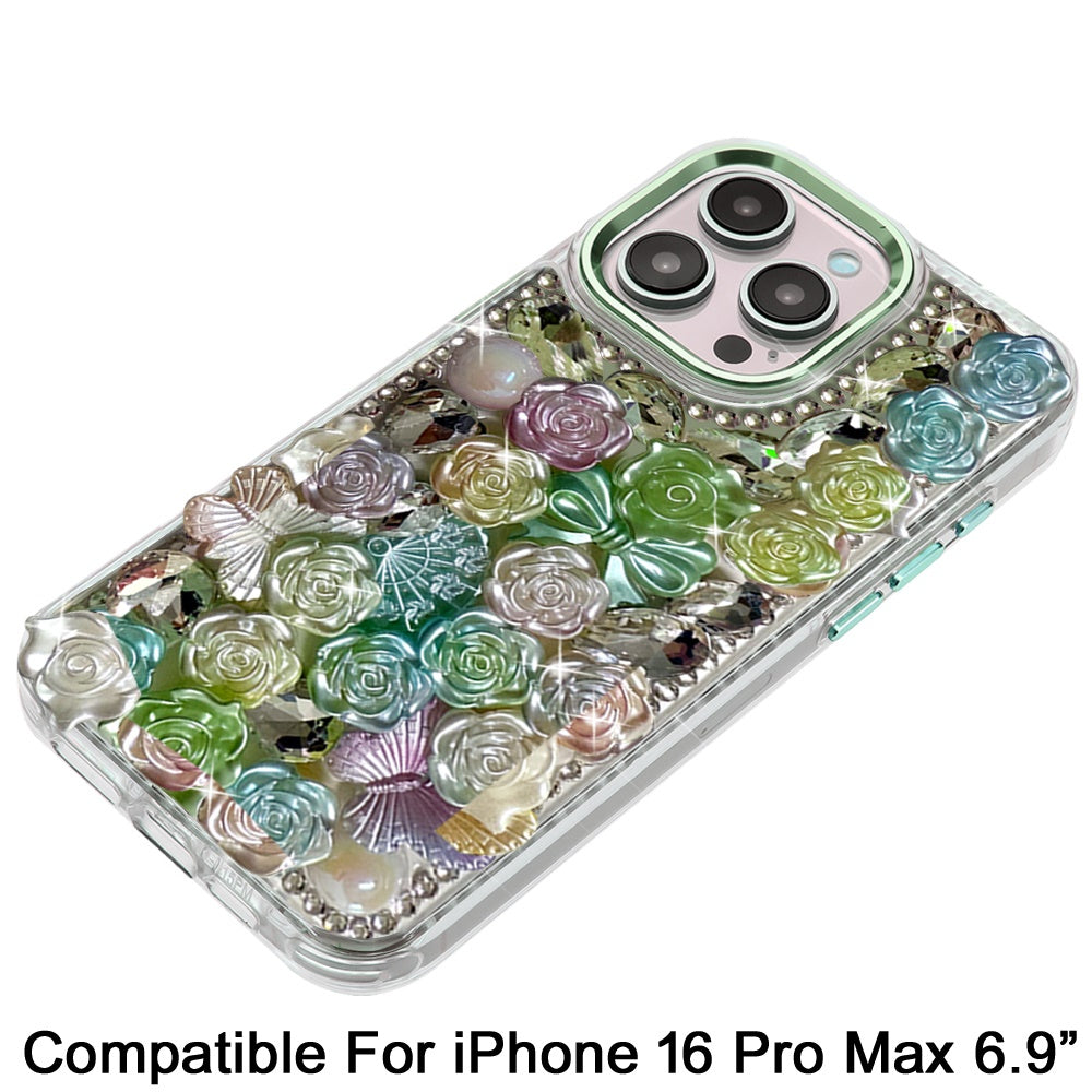 For iPhone 16 Pro Max (6.9") Muti-Color Floral Fashion Bling Crystal 3D Full Diamonds Stones Sparkle Rhinestone Glitter Hybrid Case Cover