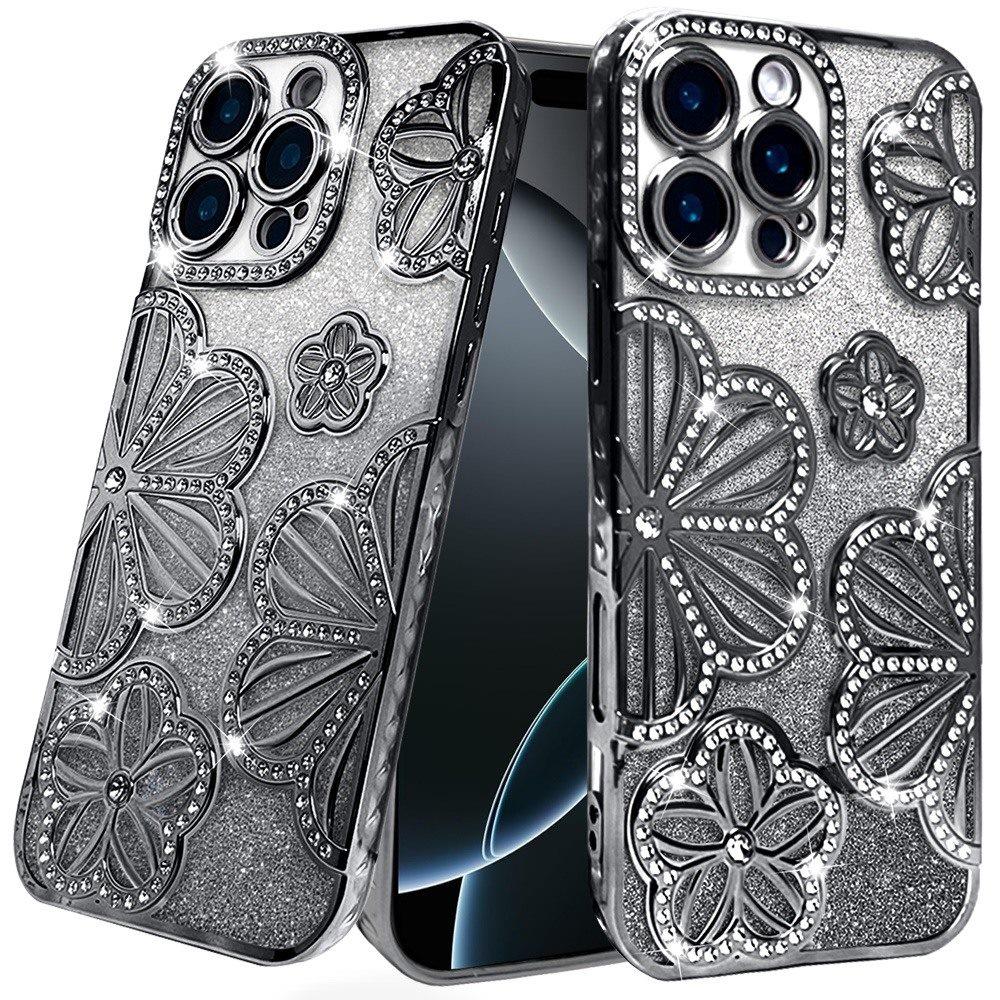 Phone Case for Apple iPhone 16 Pro Max Shimmer Glitter Floral Thick TPU Grip Cover Black