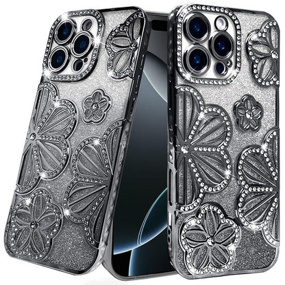 Phone Case for Apple iPhone 16 Pro Max Shimmer Glitter Floral Thick TPU Grip Cover Black