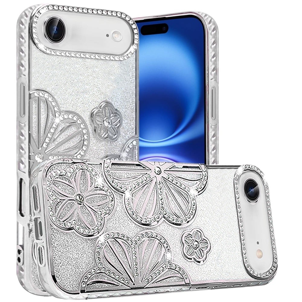 For Apple iPhone 17 Air (6.6") Luxury Flower Design Sparkle Glitter Diamond Rhinestone Shimmer Bling Plating Thick TPU Hard PC Case Cover