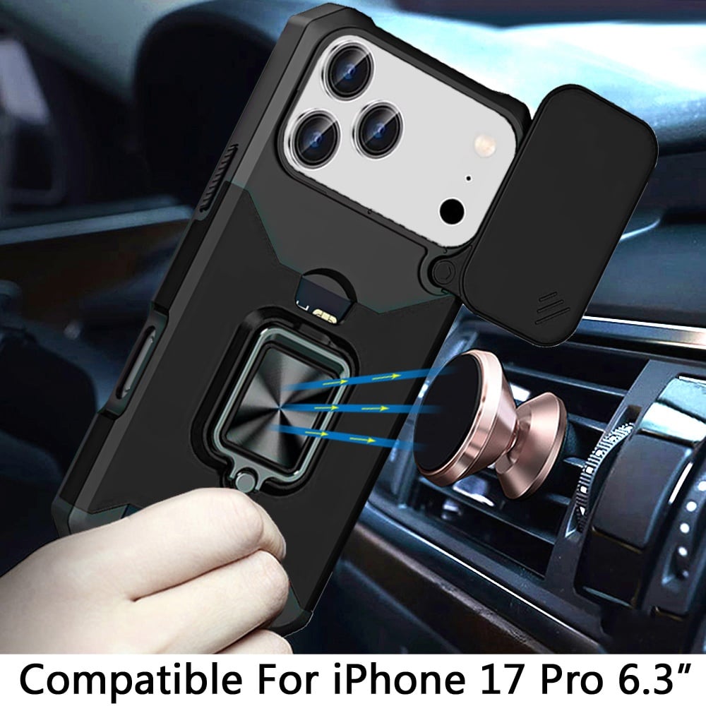 For Apple iPhone 17 Pro (6.3") Wallet Case with Ring Stand & Slide Camera Cover Back Credit Card Slot Holder, Military Grade Case Cover