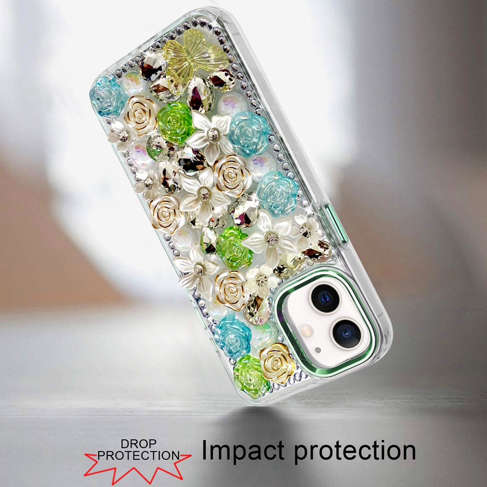 For iPhone 12 / iPhone 12 Pro (6.1") 3D Diamond Floral Roses Flower Bling Stone Hybrid, Sparkly Rhinestone Gemstone Back Shockproof Case Cover Green