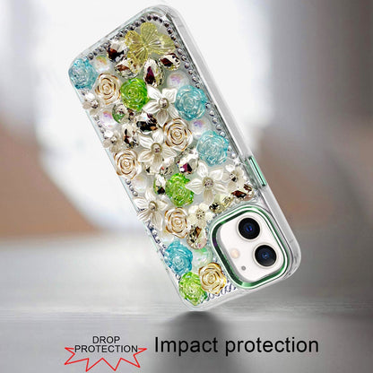For iPhone 12 / iPhone 12 Pro (6.1") 3D Diamond Floral Roses Flower Bling Stone Hybrid, Sparkly Rhinestone Gemstone Back Shockproof Case Cover Green