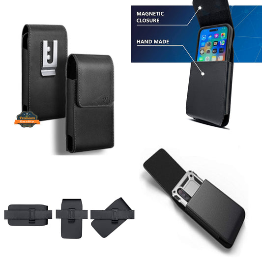 For Apple iPhone 16 (6.1") Universal PU Leather Vertical Phone Pouch Holder Carrying Case [Magnetic Closure] With Fixed Belt Clip Holster Hybrid [Black]