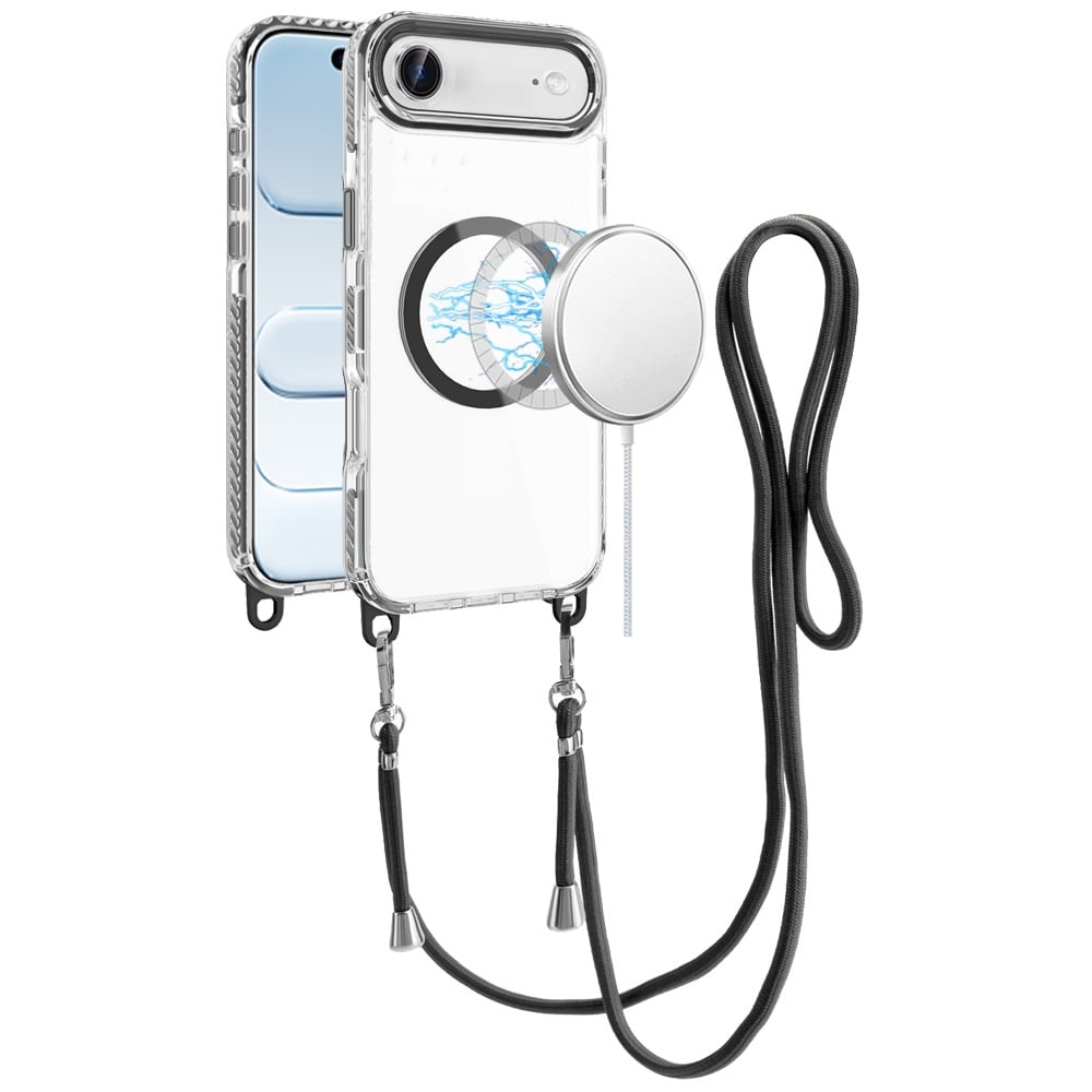 For Apple iPhone 17 Air (6.6") Clear Magnetic Frame PC Back Shockproof Protective Case with Detachable Lanyard Strap, Compatible with MagSafe Case Cover Black