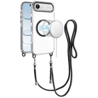For Apple iPhone 17 Air (6.6") Clear Magnetic Frame PC Back Shockproof Protective Case with Detachable Lanyard Strap, Compatible with MagSafe Case Cover Black