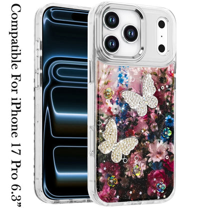 For Apple iPhone 17 Pro (6.3") Epoxy Glitter Flowers Bling 3D Butterfly Fashion TPU Hybrid with Shockproof Protection Case Cover