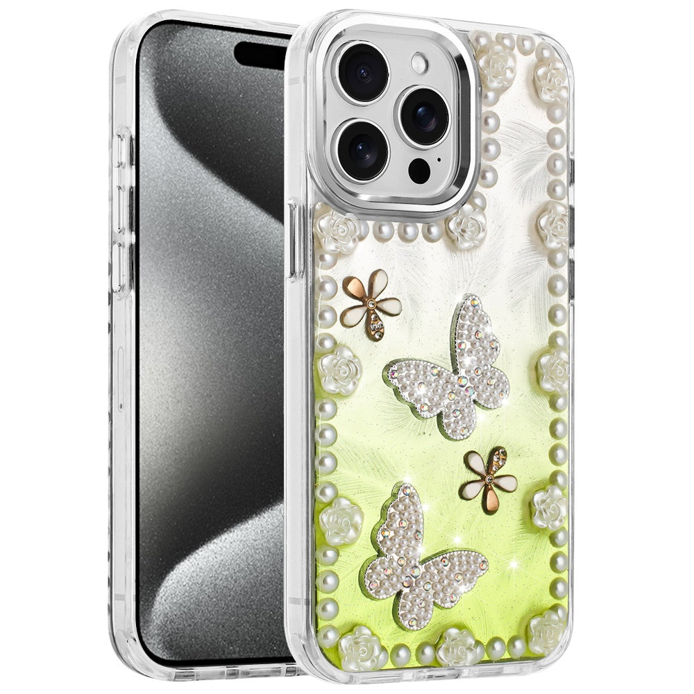 For Samsung Galaxy A16 5G Bling Fashion Design with 3D Pearls Epoxy Glitter Ornaments Chrome Edge Hard Slim PC Case Cover