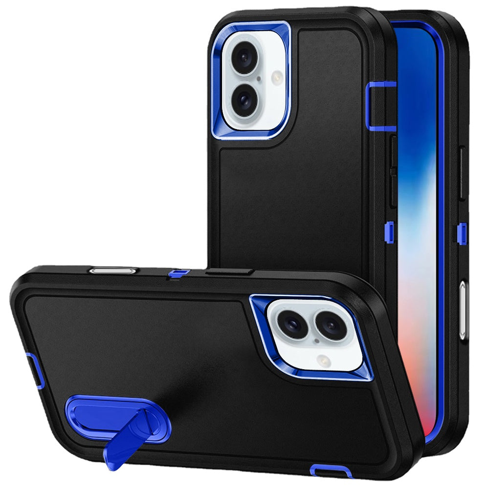 For Apple iPhone 16 (6.1") Hybrid 3 Layers Hard 3in1 Shockproof with Kickstand Heavy Duty Hard TPU Rubber Anti-Drop Case Cover Black / Blue