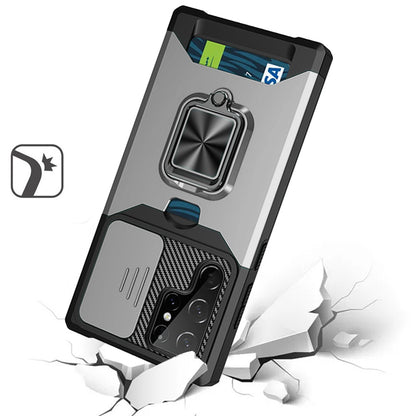 For Motorola Moto G Power 5G 2025 Wallet Case with Ring Stand & Slide Camera Cover Back Credit Card Slot Holder, Military Grade Case Cover Silver