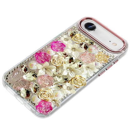 For Apple iPhone 17 Air (6.6") 3D Diamond Floral Roses Flower Bling Stone Hybrid, Sparkly Rhinestone Gemstone Back Shockproof Case Cover