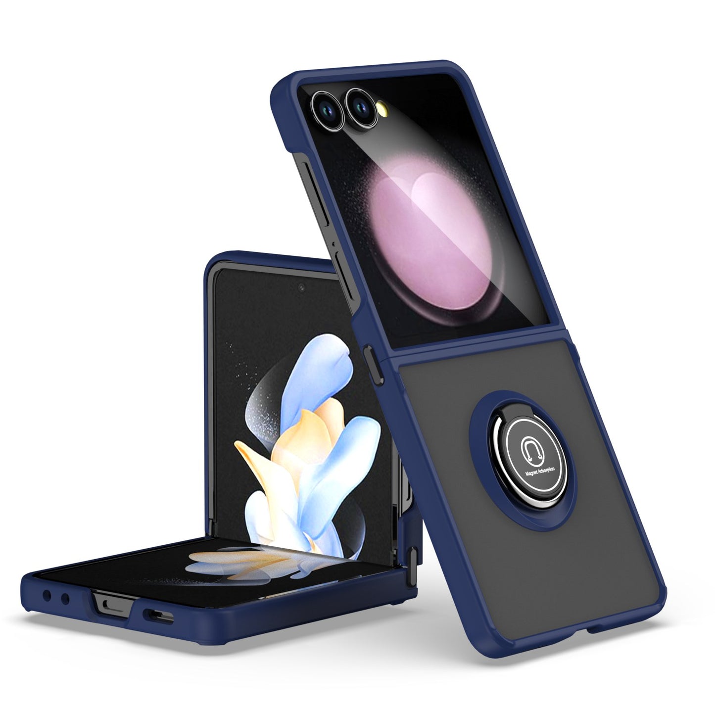 For Samsung Galaxy Z Flip 7 Semi Transparent Matte Hybrid Protective PC & TPU Shockproof with 360° Rotation Ring Stand Case Cover