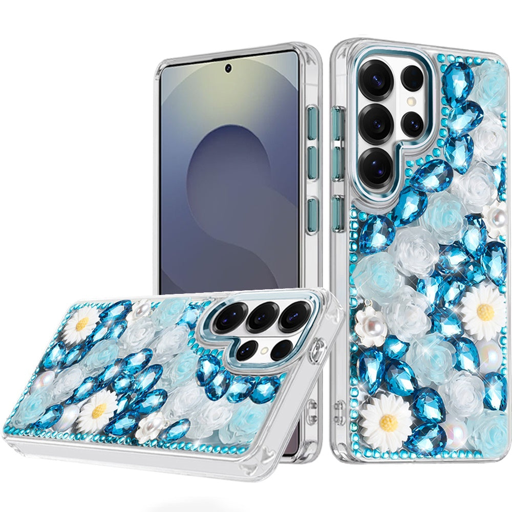 For Samsung Galaxy S25 Ultra Fashion Daisy Floral Series, Full 3D Bling Crystal Diamonds Sparkling Rhinestone Glitter Hybrid Design Case Cover Blue