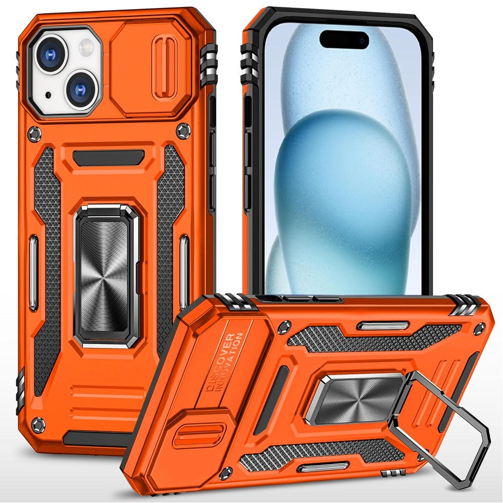 Phone Case for iPhone 15 (6.1") Tough Metal Ring Shockproof Sliding Camera Window Hybrid Armor Rugged Anti Slip Heavy Duty Grip Cover Cosmic Orange