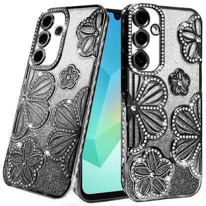 For Samsung Galaxy A16 5G Luxury Flower Design Sparkle Glitter Diamond Rhinestone Shimmer Bling Plating Thick TPU Hard PC Case Cover Flower Black