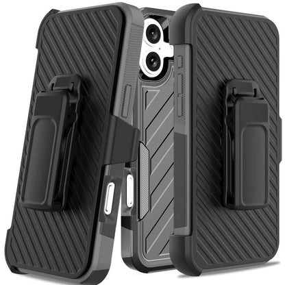 For Apple iPhone 16 (6.1") Combo Hybrid lined with Belt Clip Holster Armor Shockproof Rugged Textured 2in1 Non Slip Tough Case Cover Black / Gray