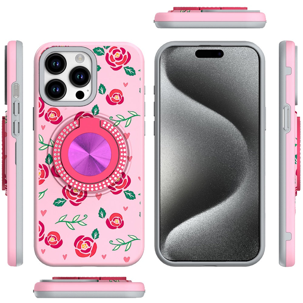 For Apple iPhone 15 Pattern Design Hybrid with Invisible Ring Stand & Magnetic Back, Shockproof Protective Grip Case Cover