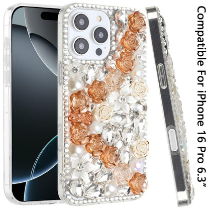 For Apple iPhone 16 Pro (6.3") Fashion Rose Flower Floral Bling Crystal 3D Full Diamonds Pearl Sparkle Rhinestone Glitter Hybrid Case Cover