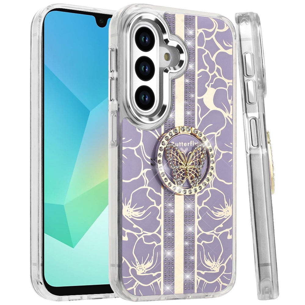 For Samsung Galaxy A16 5G Diamonds 3D Butterfly Floral Design Bling Sparkly Glitter Hybrid Metal Fashion with Ring Stand Case Cover