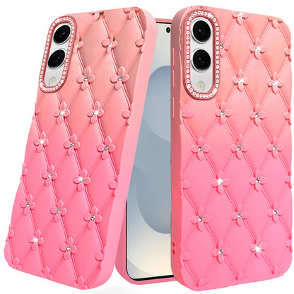 For Samsung Galaxy S25 Edge Fashion Flower Design Sparkle Glitter Shimmer Rhinestone Bling Floral Accents, Leather Texture TPU Case Cover