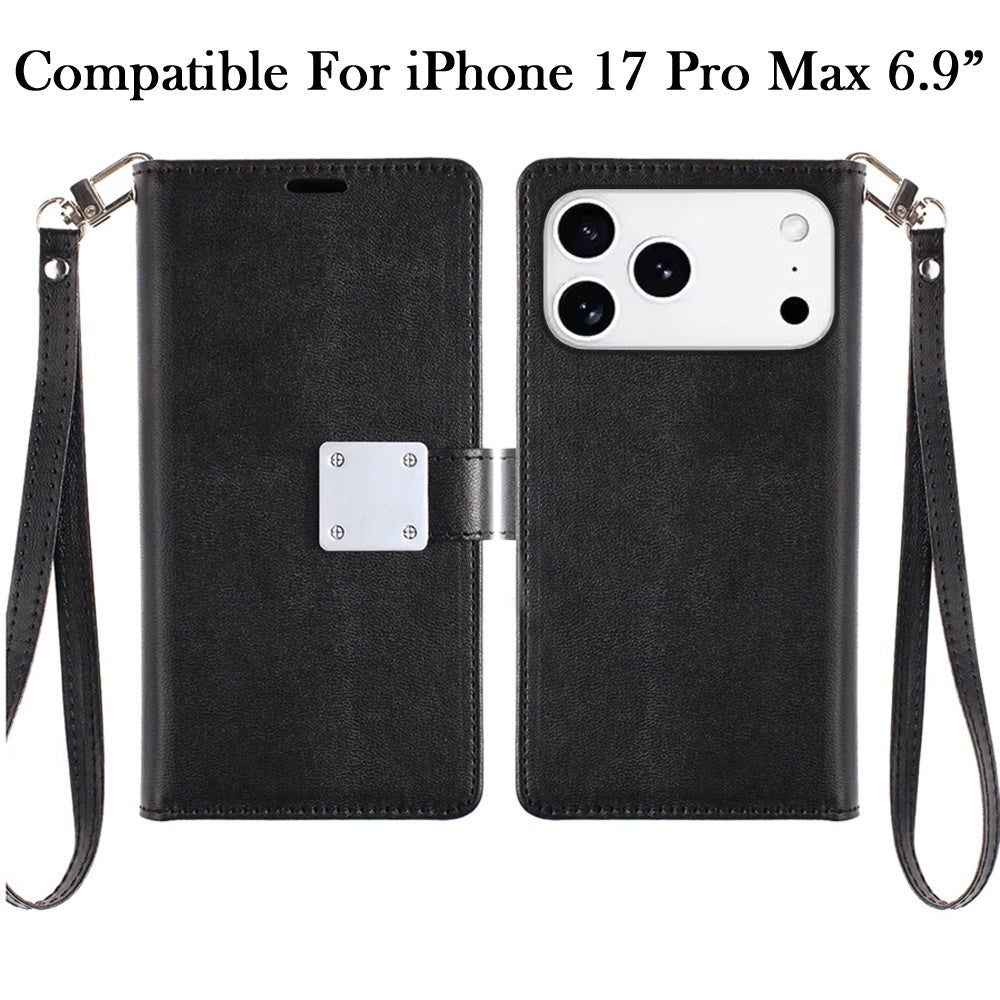 For Apple iPhone 17 Pro Max (6.9") Wallet Cases PU Leather with Credit Card /ID /Cash Holder Slot Dual Flip Book Pouch, Stand and Strap Case Cover