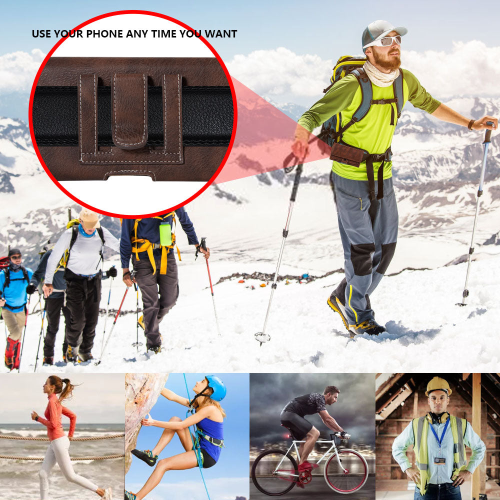 For Apple iPhone 16 (6.1") Universal Phone Holder Horizontal PU Leather with Credit Card Money Slot, Belt Clip Holster Loops Carrying M Pouch [Brown]